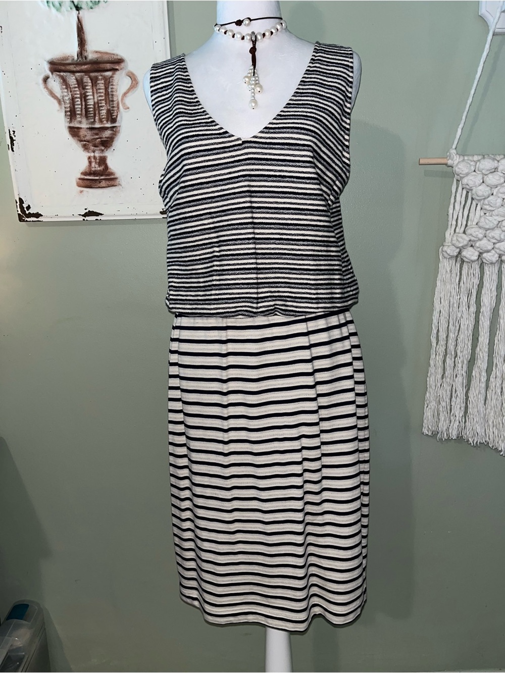 Striped V-Neck Sleeveless Day Dress in Black and White